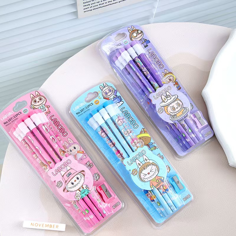 12 labubu Cute Cartoon HB pencils with pencil sharpeners (Random color)