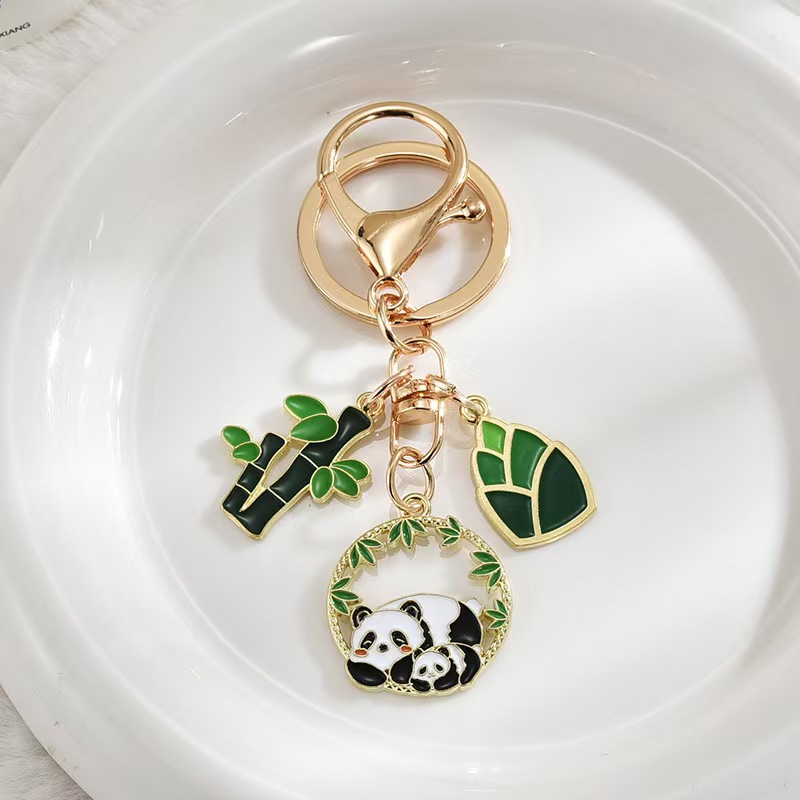 Chinese-style cute cartoon panda bamboo metal keychain bag pendant