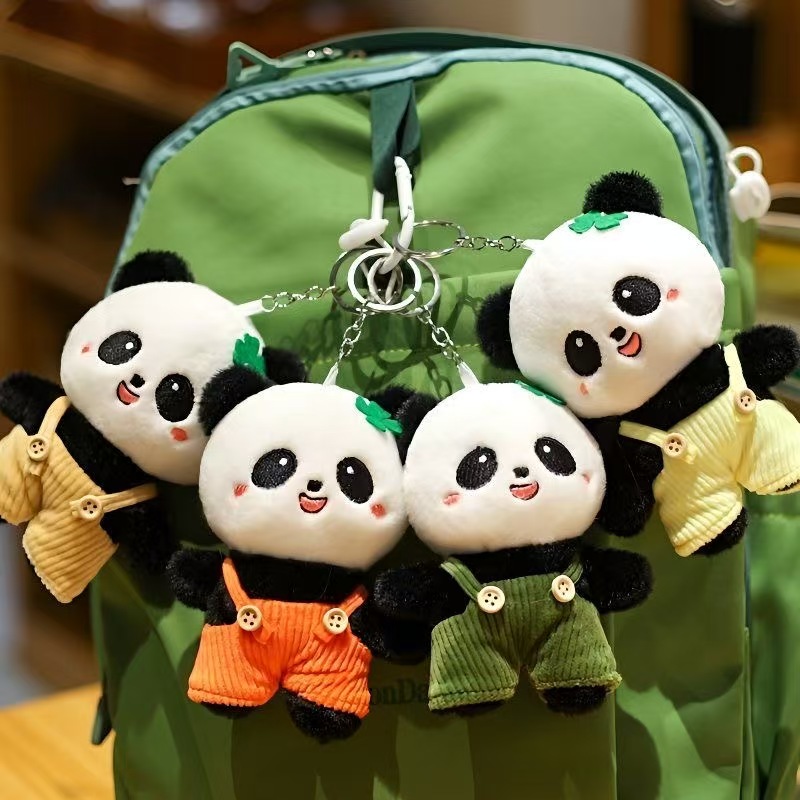 Cute cartoon overalls, panda plush toy keychain bag pendant (4 inches)