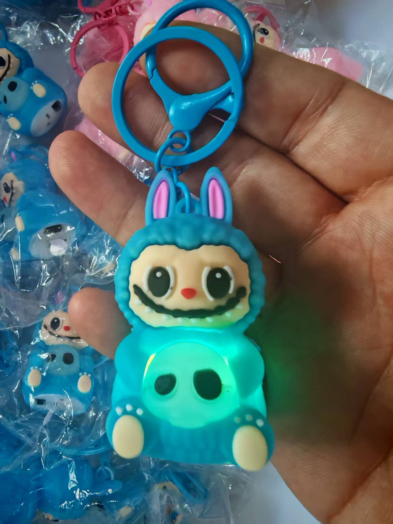 labubu figurine Cartoon Cute Halloween Theme Skull Night Light Keychain Bag Pendant (blue)